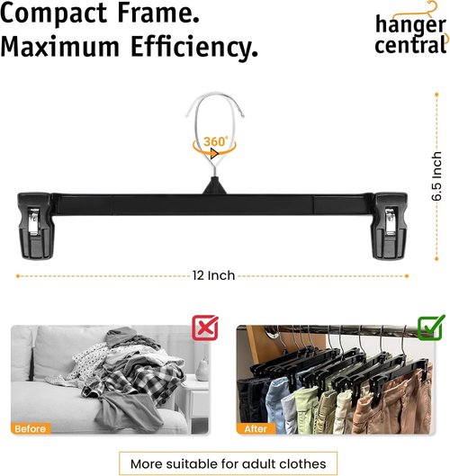 Hanger Central 12 Inch Slim Pants Hangers - Heavy Duty Non-Slip Clips for Skirts & Shorts | 12 Pack - Black