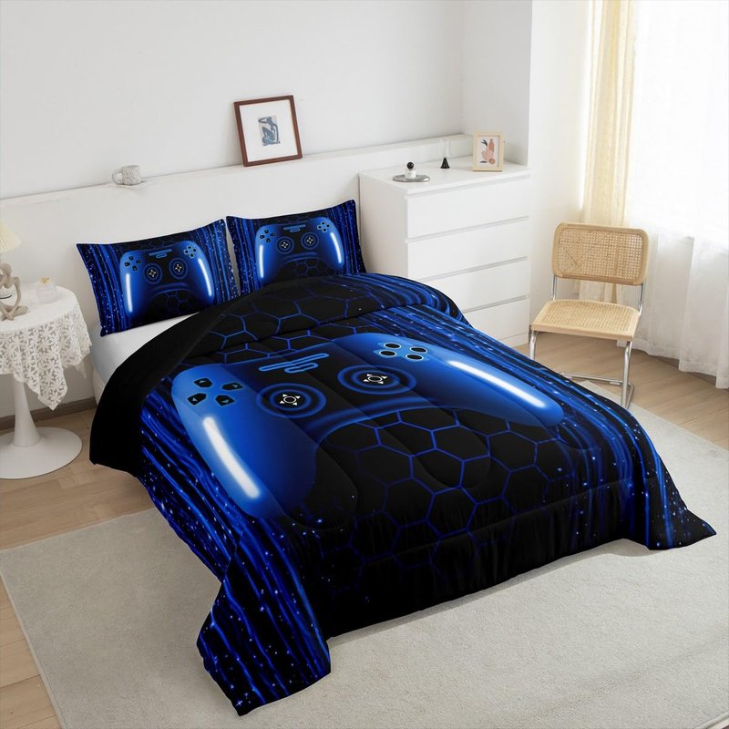 Erosebridal Kids Gamer Full Comforter Set for Boys Bedroom Neon Lights Dark Blue Gaming Bedding Set for Kids Teens Game Console Quilt Striped Honeycomb Hexagon Comforter Geometric Duvet Insert