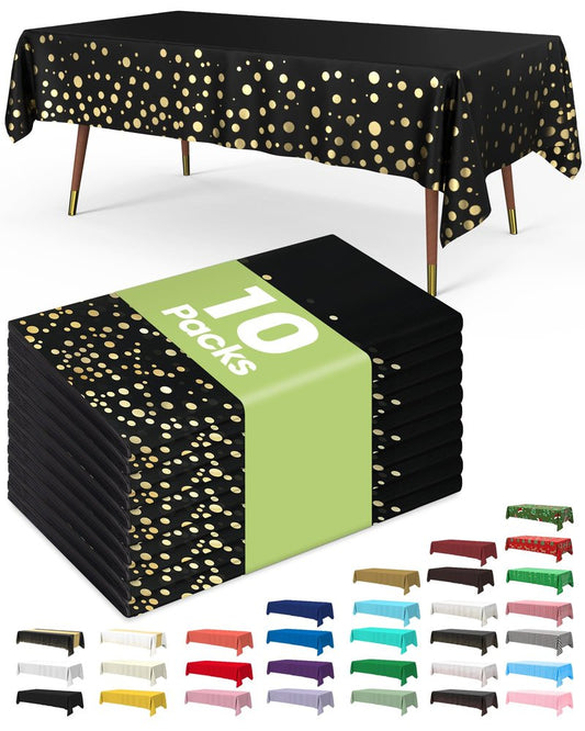 Pureegg Plastic Table Cloth Disposable 10 Pack, 54 x 108 Inch Table Cloths, Graduation Decorations Class of 2025, Graduation Tablecloths, Rectangle, Plastic Cover, Leakproof & Sturdy, Black and Gold