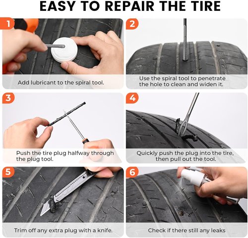 ETENWOLF Heavy Duty Tire Repair Kit - 16 Pcs Flat Tire Plug Set for Car, Motorcycle, ATV, Truck | Vivid Orange