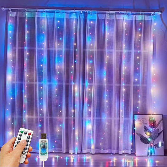 HOLITS 300 LED Fairy Curtain Lights, 9.8 x 9.8FT Warm White USB Plug in 8 Modes String Hanging Lights with Remote for Christmas, Bedroom, Indoor, Outdoor, Weddings, Party (Multi-Colored)