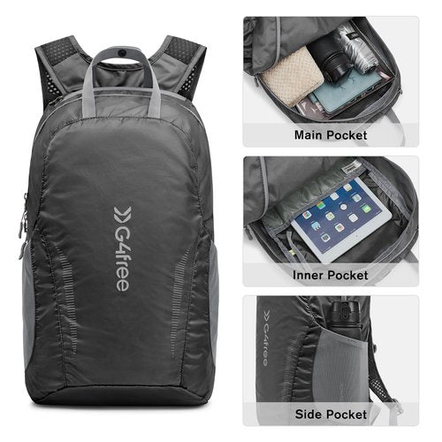 G4Free 25L Lightweight Hiking Backpack Packable Foldable Sport Travel Daypack Water Resistant for Women Men（Black）