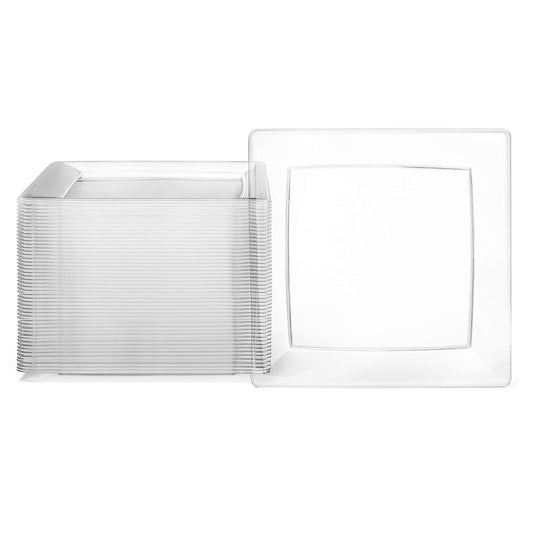 Oasis Creations Clear Square Plates Set 9" - 50 Count - Premium Hard Clear Plastic - Disposable and Reusable - Dinner - Salad - Party Plate Set - Weddings, Parties, Events & More!
