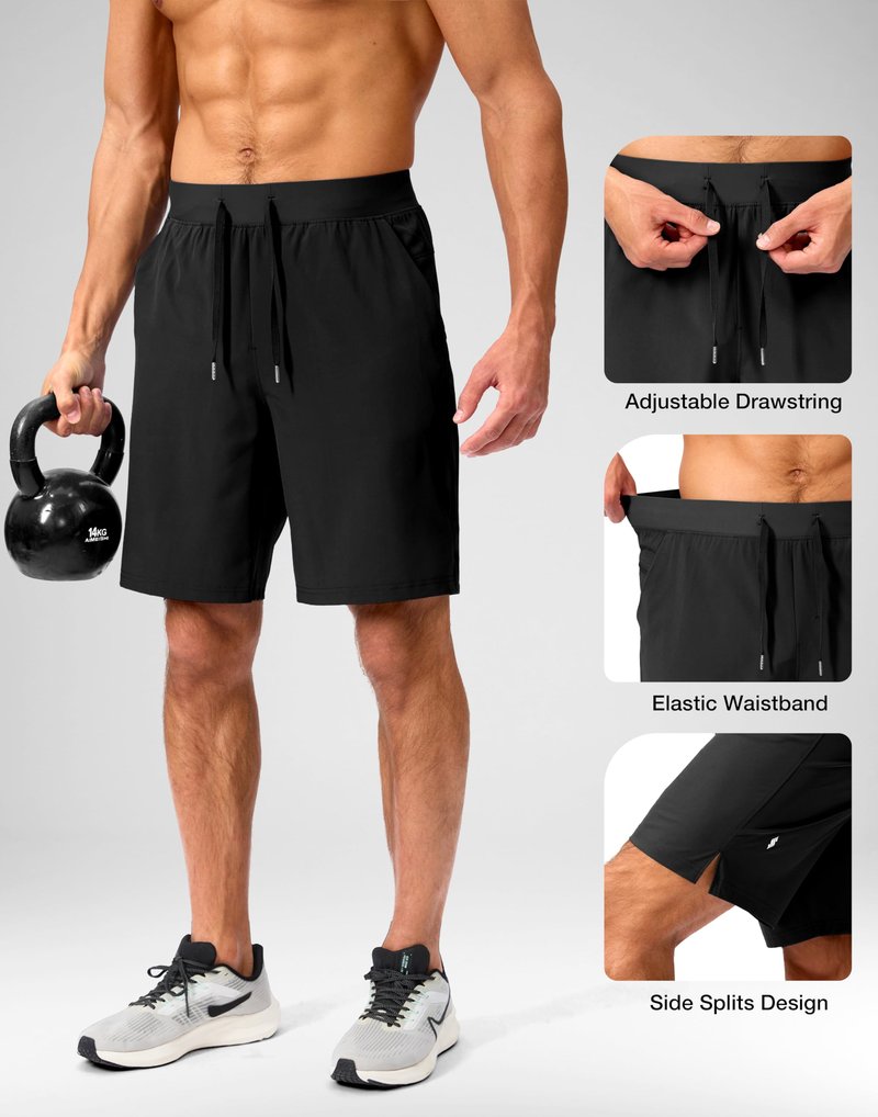 Soothfeel Men's Running Shorts with Zipper Pockets 9 Inch Lightweight Quick Dry Gym Sports Athletic Workout Basketball Shorts for Men (Black, L)