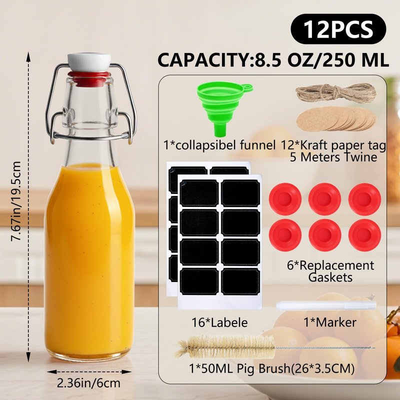 Ruckae 12 Pack 8.5oz Swing Top Glass Bottles with Lids Kombucha Coquito Flip Top Glass Bottle for Syrup Vanilla Extract Brew Beer Kefir Air Tight Bottles for Gift (8.5 oz 12 pack)