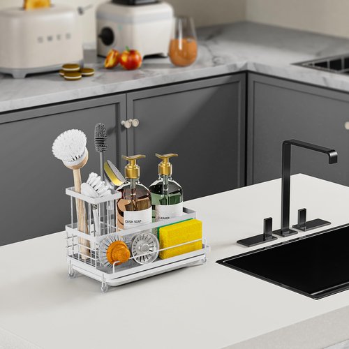 Cisily Stainless Steel Kitchen Sink Caddy Organizer, Sponge Holder for Sink Rustproof, Non-Slip Soap Dish Dispenser Brush Holder Storage, Home & Kitchen Essentials Accessories (White)