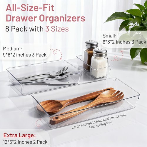 Clear Plastic Drawer Organizer Bins by [Brand Name] - 8 Pack Heavy-Duty Storage Trays for Kitchen & Bathroom
