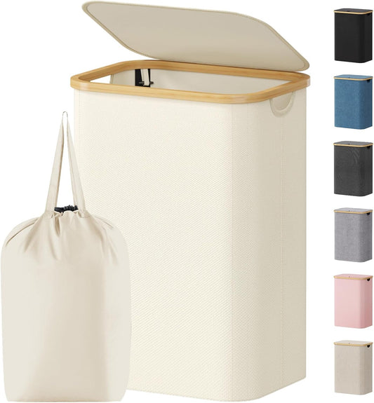 Lifewit 80L Laundry Basket - Foldable Hamper with Lid & Bamboo Handles | Large White Design