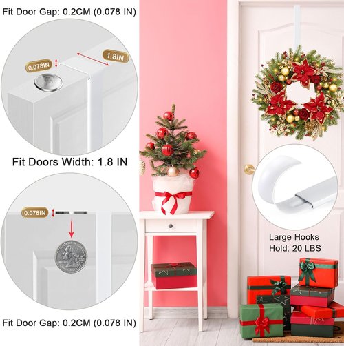 HEYHOUSE Wreath Hanger - Adjustable 14.9-25 Inch Metal Door Hook for 20 lbs Christmas Wreaths | White