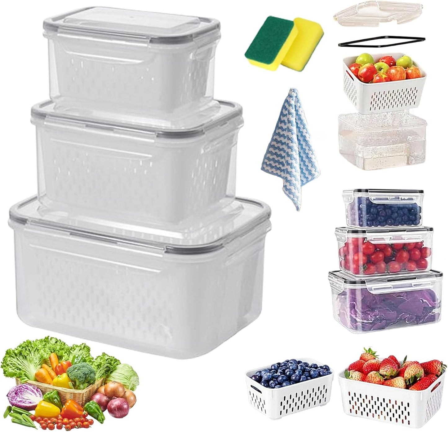 Skiennix Food Storage Containers - 4-in-1 Multipurpose with Removable Colander | Transparent Plastic (Gray, M+L)