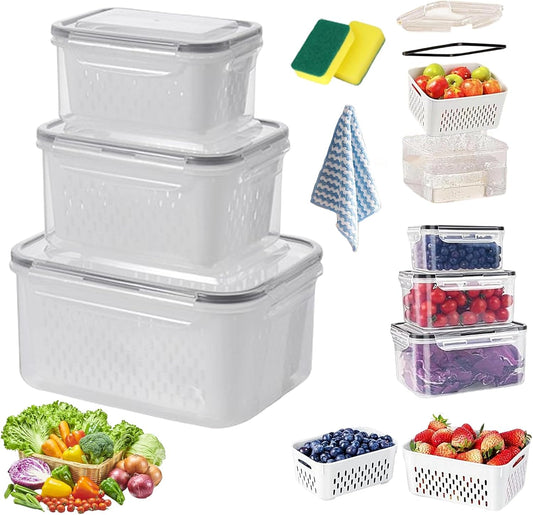 Skiennix Food Storage Containers - 4-in-1 Multipurpose with Removable Colander | Transparent Plastic (Gray, M+L)