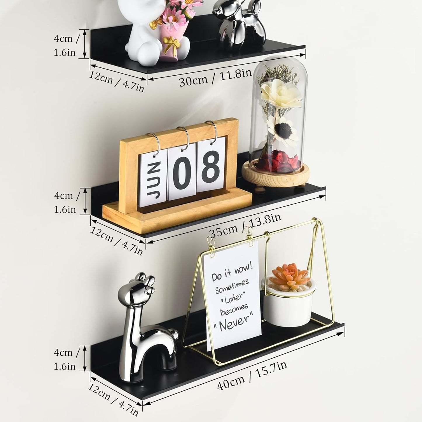 Wisfame Floating Wall Shelves - Set of 3 Black Metal Shelves for Modern Home Decor | 11.8/13.8/15.7 in