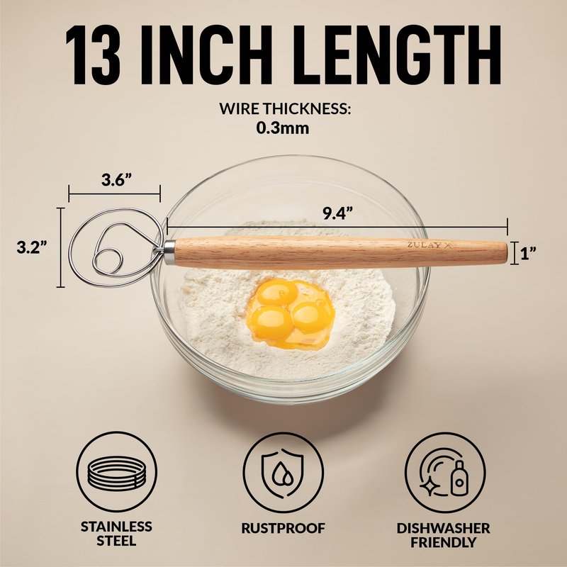 Zulay Kitchen 13-Inch Danish Dough Whisk - Stainless Steel Wooden Whisk with Dough Hook - Sourdough Whisk for Bread, Pizza, Pastry, Cake Batter & More - Wood