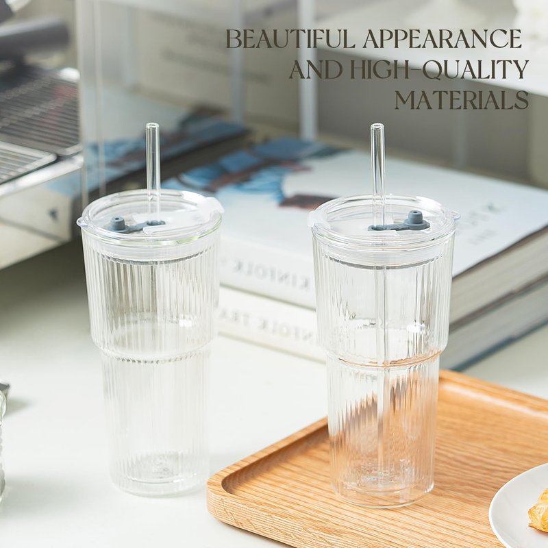 KEMORELA Iced Coffee Cups with Lids 20oz Ribbed Double Wall Glass Cups with Lids and Straws 2PCS, Coffee Bar Accessories， Insulated Borosilicate Glass Tumblers, To Go Coffee Cups, Spill proof tumbler