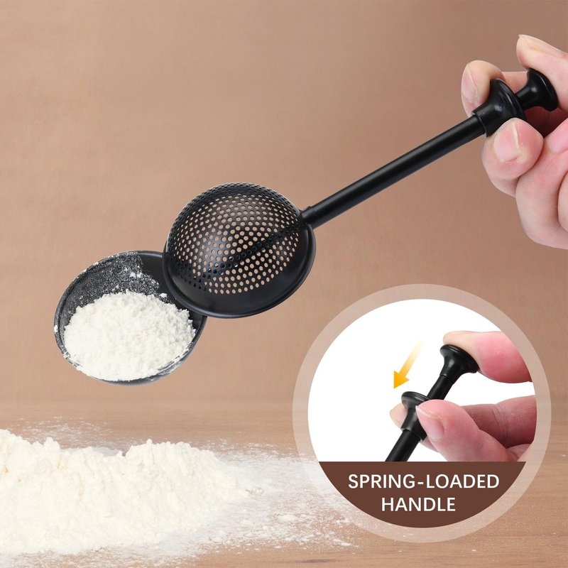 HULISEN Flour Duster for Baking, One-Handed Operation, 304 Stainless Steel Powdered Sugar Shaker Duster, Pick Up and Dust Flour Sifter, Gift Package, Black
