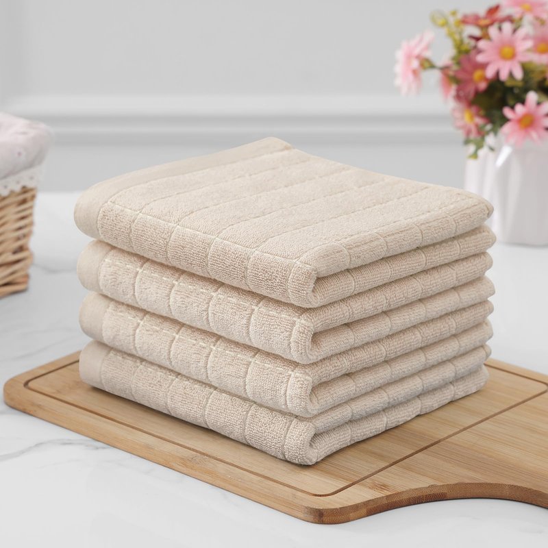 Homaxy 100% Cotton Terry Kitchen Towels(Beige, 13 x 28 inches), Checkered Designed, Soft and Super Absorbent Dish Towels, 4 Pack