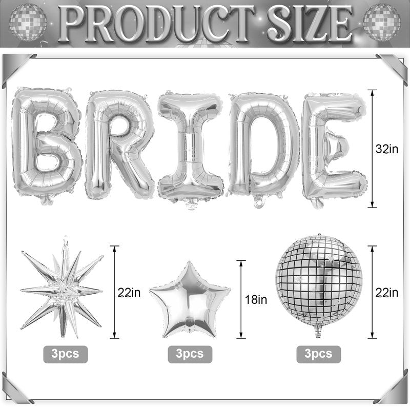 Silver Bride Balloons Bachelorette Party Decorations, 32in Silver Giant Bride Balloons with 4D Disco Ball Balloon and Star Foil Balloon for Bridal Shower Wedding Engagement Party Supplies