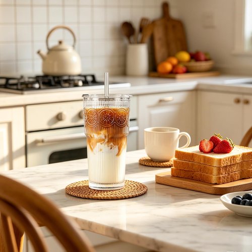 INSETLAN 20oz Ribbed & Floral Glass Tumblers with Lids and Glass Straws, Set of 2 – Iced Coffee Cups, Reusable Drinking Glasses for Water, Smoothies, Tea, and Juice – Perfect for Travel & Daily Use