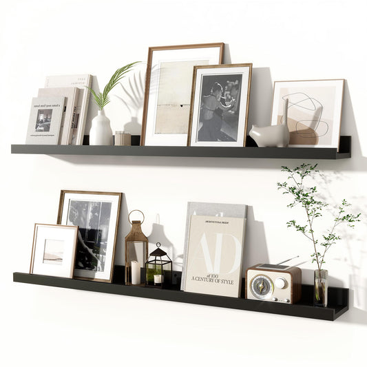 Fun Memories Picture Ledge Shelves Set of 2, 36 Inch Rustic Wall Mounted Floating Shelves with Lip for Home Storage and Décor in Bathroom, Kitchen, Nursery, Bedroom, Living Room, Black