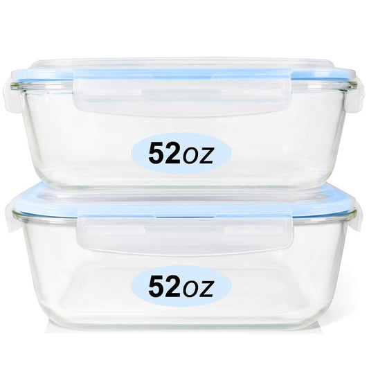 EcoEvo Glass Food Storage Containers Set, Large Size Containers with Lids, BPA-free Locking lids, 100% Leak Proof Glass Meal Prep Containers, Freezer to Oven Safe (2 Pack of 52oz)