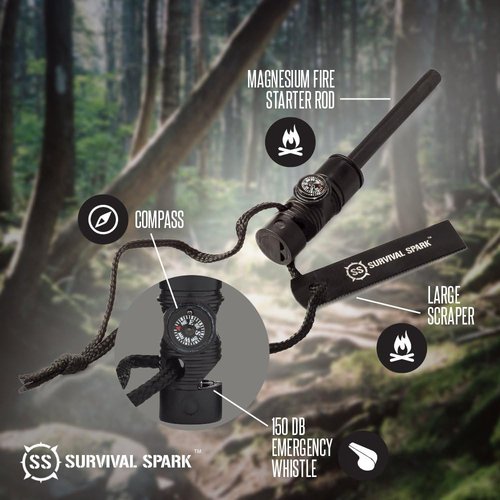 Fire Starter Kit with Magnesium Ferro Rod, Compass & Whistle - Survival Tool for Camping & Hiking