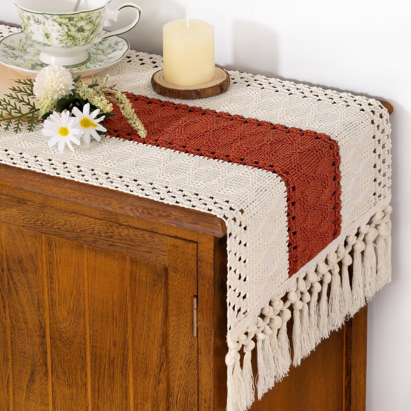 Socomi Boho Table Runner Macrame Summer Farmhouse Woven Cotton Linen Rustic Table Runner with Tassels for Dresser Scarf Home Decor Dining Room 12x90 inch Terracotta Ivory