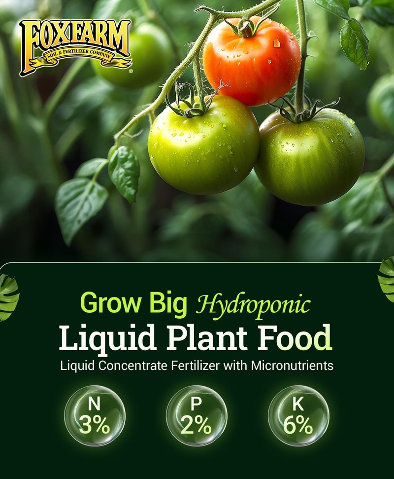 FoxFarm Grow Big Hydroponic Plant Food - 3-2-6 Liquid Plant Fertilizer for Lush Vegetative Growth in Hydroponic Systems - Liquid Concentrate with Earthworm Castings & Micronutrients - 1 Pint