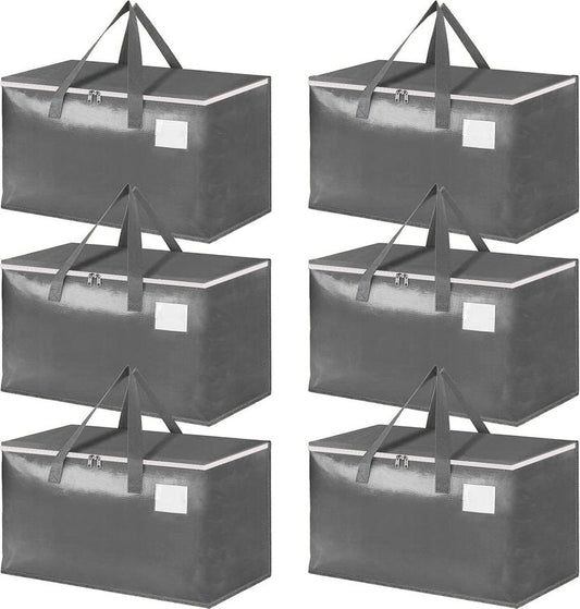 Three-layer Reinforced Moving Bags, 6 Pack Extra Large 93L 60lb Heavy Duty Moving Totes with Strong Zippers & Handles, Easy Open Lids, Water-Resistant, Storage Totes, Fold Flat