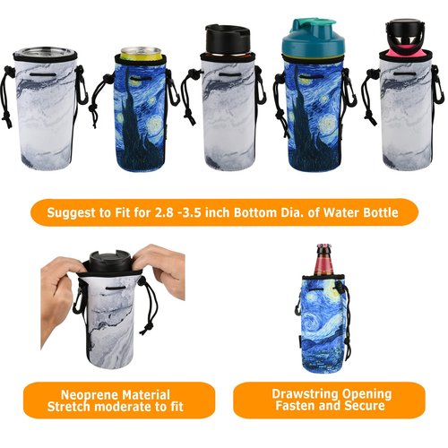 CM Neoprene Bottle Sleeve - Portable Insulator Cover with Drawstring for 18-20 Oz Bottle (Marble & Van Gogh Painting Patterns, 2 pcs)