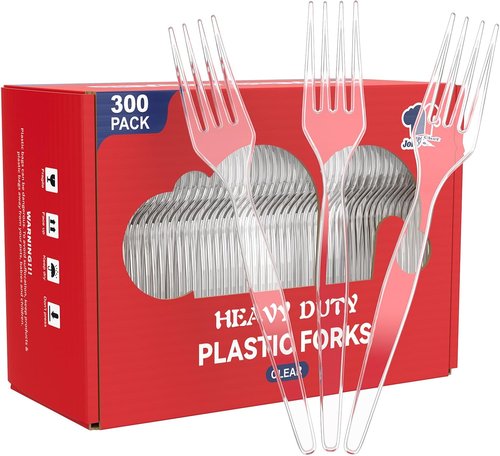 JOLLY CHEF Heavy-Duty Clear Plastic Forks - 300 Count Disposable Utensils for Home & Parties