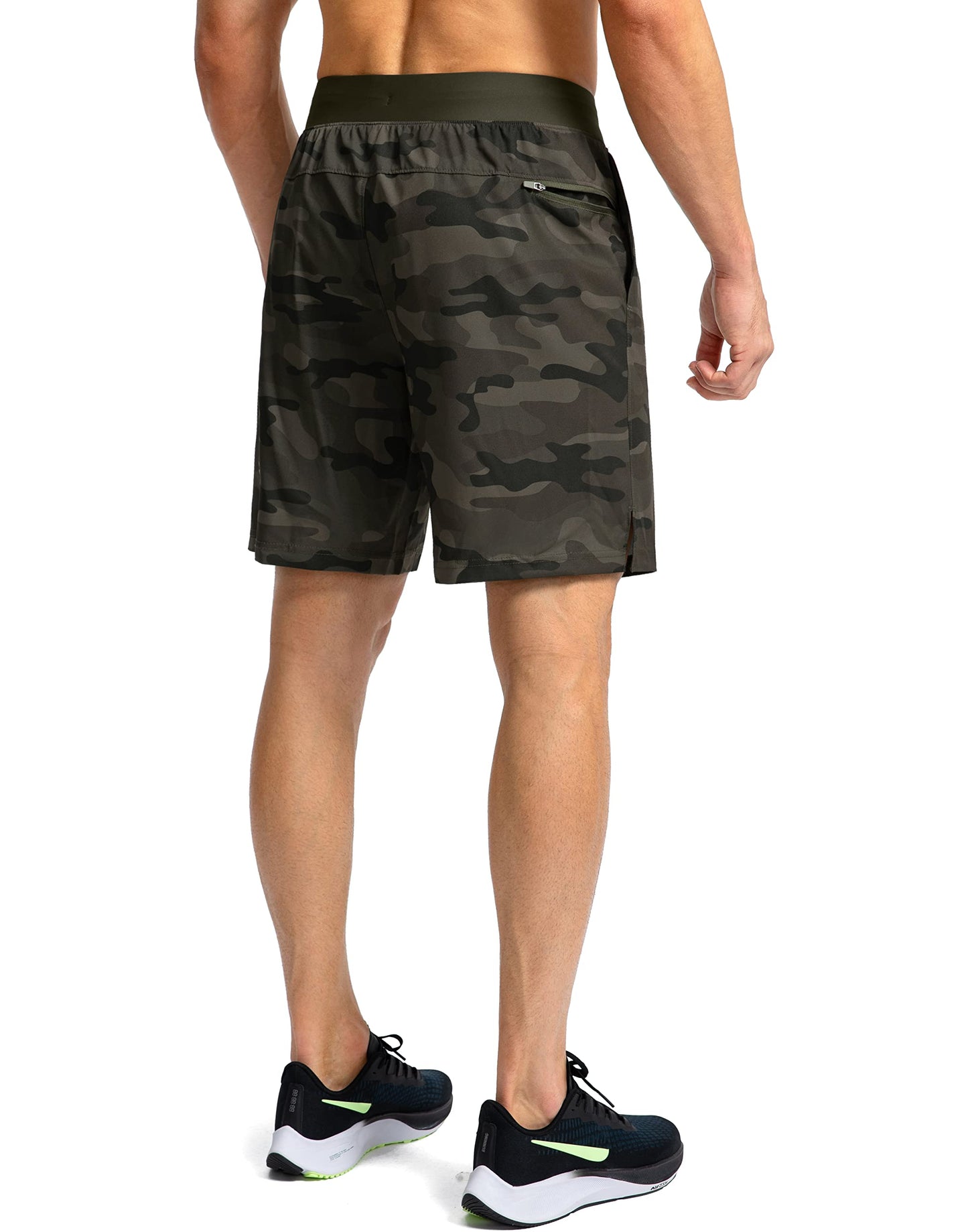 Soothfeel Men's Running Shorts with Zipper Pockets 7 Inch Lightweight Quick Dry Gym Athletic Workout Shorts for Men (Green Camo, XS)
