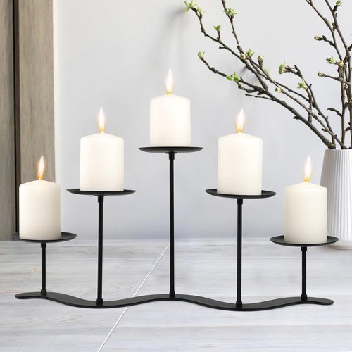 Black Iron Candelabra | 5 Arm Candle Holder Stand - Elegant Metal Centerpiece for Pillar Candles
