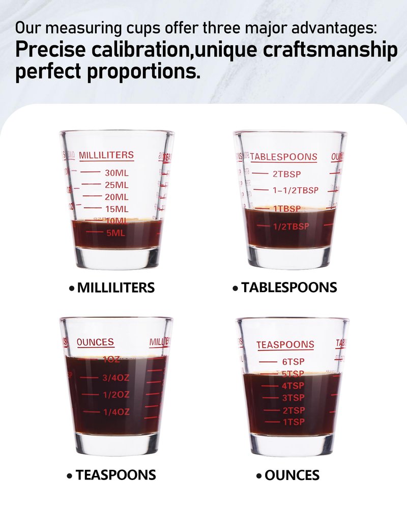 Shot Glasses Measuring Cup Set 4PACK Espresso Shot Glasses Liquid Heavy Glass 26-Incremental Measurement 1 OZ, 2 TBS, 6 TSP, 30 ML Kitchen Tools (Red)