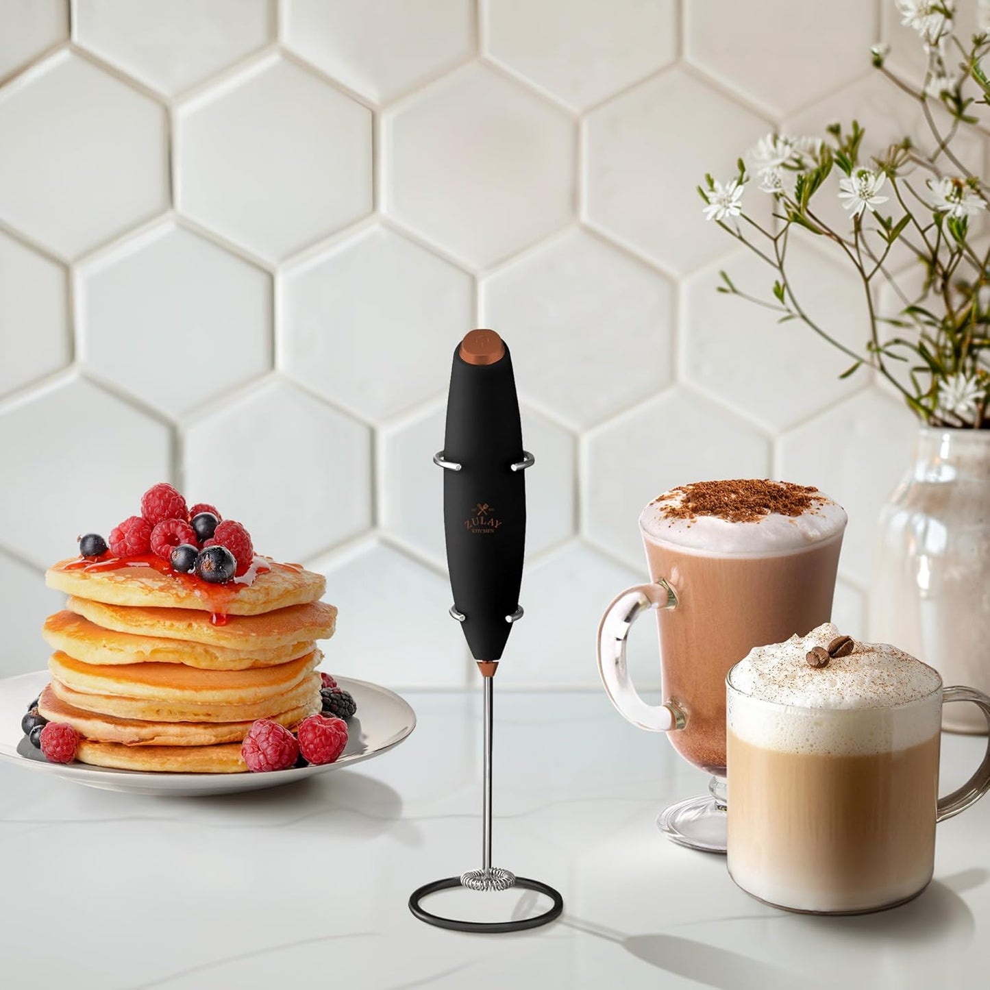 Zulay Kitchen Milk Frother Wand - Ultra-Fast Handheld Electric Whisk for Coffee & Lattes - Black Copper