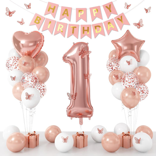 Regine Switzerland 1st Birthday Decoration - Rose Gold Balloon Set with Butterfly Stickers & Foil Balloons