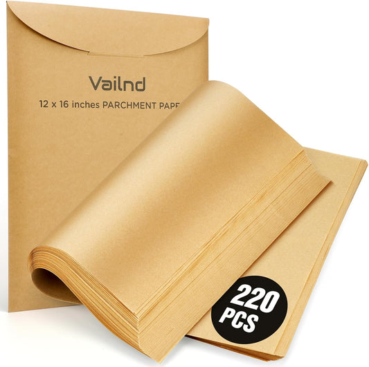 Vailnd Unbleached Parchment Paper Sheets - 220 Pcs Non-Stick Baking Paper, 12'' X 16'' Size | Perfect for Cookies, Bread & Air Frying