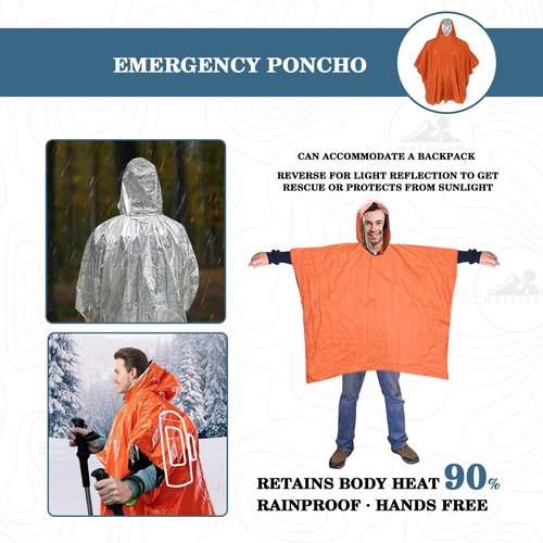 Emergency Sleeping Bag with Hood & Emergency Rain Poncho [2PCS], Ultralight Waterproof Thermal Mylar Foil Space Blanket Survival for Hiking Backpacking Camping (Survival Orange)