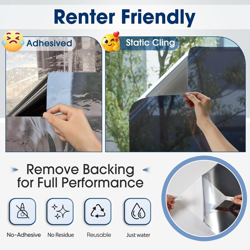 Coavas One Way Privacy Window Film, Sun Blocking Reflective Window Film See Out Not in, Heat Control Window Tint for Home, Anti UV Static Cling for Windows Office Door (Black, 35.4 Inch X 9.8 Feet)