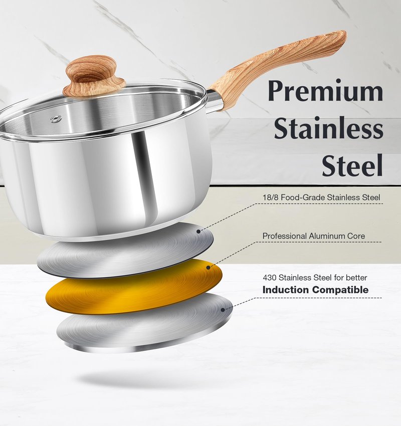 KOCH SYSTEME CS Stainless Steel Saucepan, 2 Quart Saucepan with Lid & Heat-resistant Bakelite Handle, Tri-ply Bottom Steel Sauce Pan with Lid, Induction Ready, Stainless Steel Pot 2QT