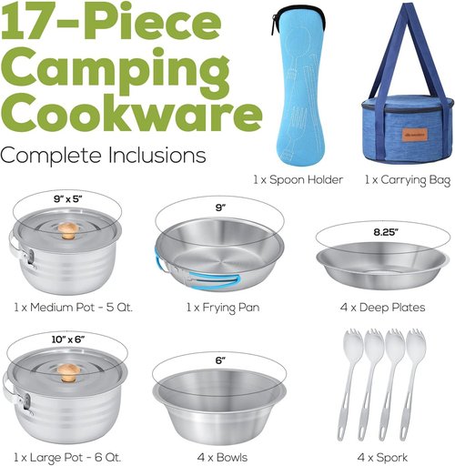 17-Piece Stainless Steel Camping Cookware & Dinnerware Set - Pots, Pans, Plates & Sporks in Travel Bag for Outdoor Adventures