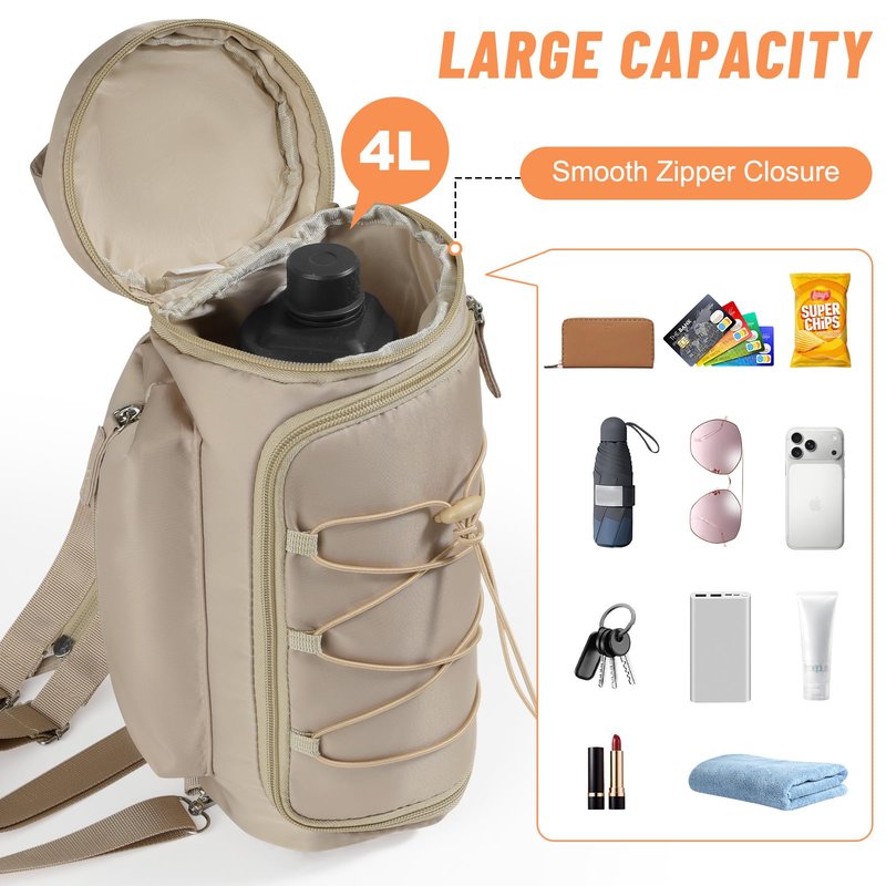 Nuovoware Small Sling Backpack, Sling Bag 25oz/32oz/40oz/50oz Water Bottle Carrier with Zippered Cap, 2 Pockets, Adjustable Shoulder Strap Carrier for Walking Traveling, Camel