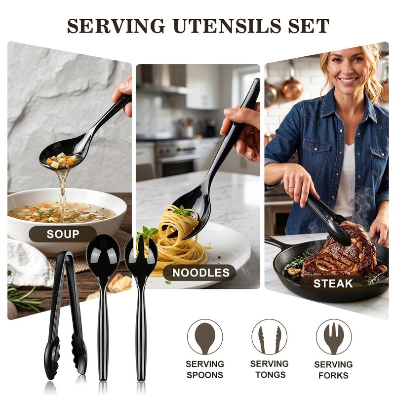 Dualshine 24 Pcs Disposable Black Plastic Serving Utensils,8 Set Including 9.72" Plastic Serving Spoons, Forks and 8.46" Tongs, for Dinner Parties, Buffets,Banquets, Events, Weddings, and Daily Use