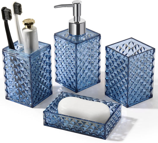 RYTOXILO Bathroom Accessories Set - 4 Pack Blue Acrylic Bath Essentials | Diamond Soap Dispenser & Toothbrush Holder