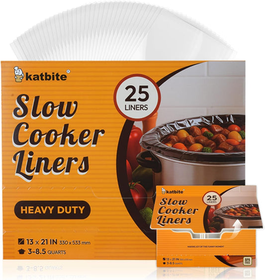 Katbite Crock Pot Liners - Heavy Duty Disposable Slow Cooker Bags | 13" X 21" for 3-8.5 Quart Pots, 25 Count