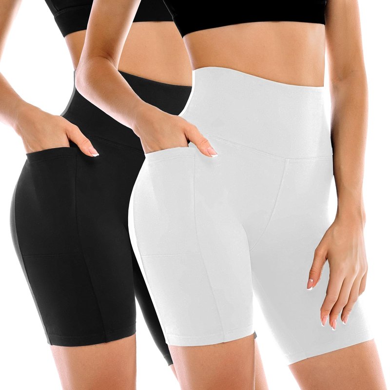 Leafigure 2 Pack Womens Biker Shorts with Pockets, High Waisted Tummy Control Yoga Shorts for Women Running Gym and Workout Black/White XXL