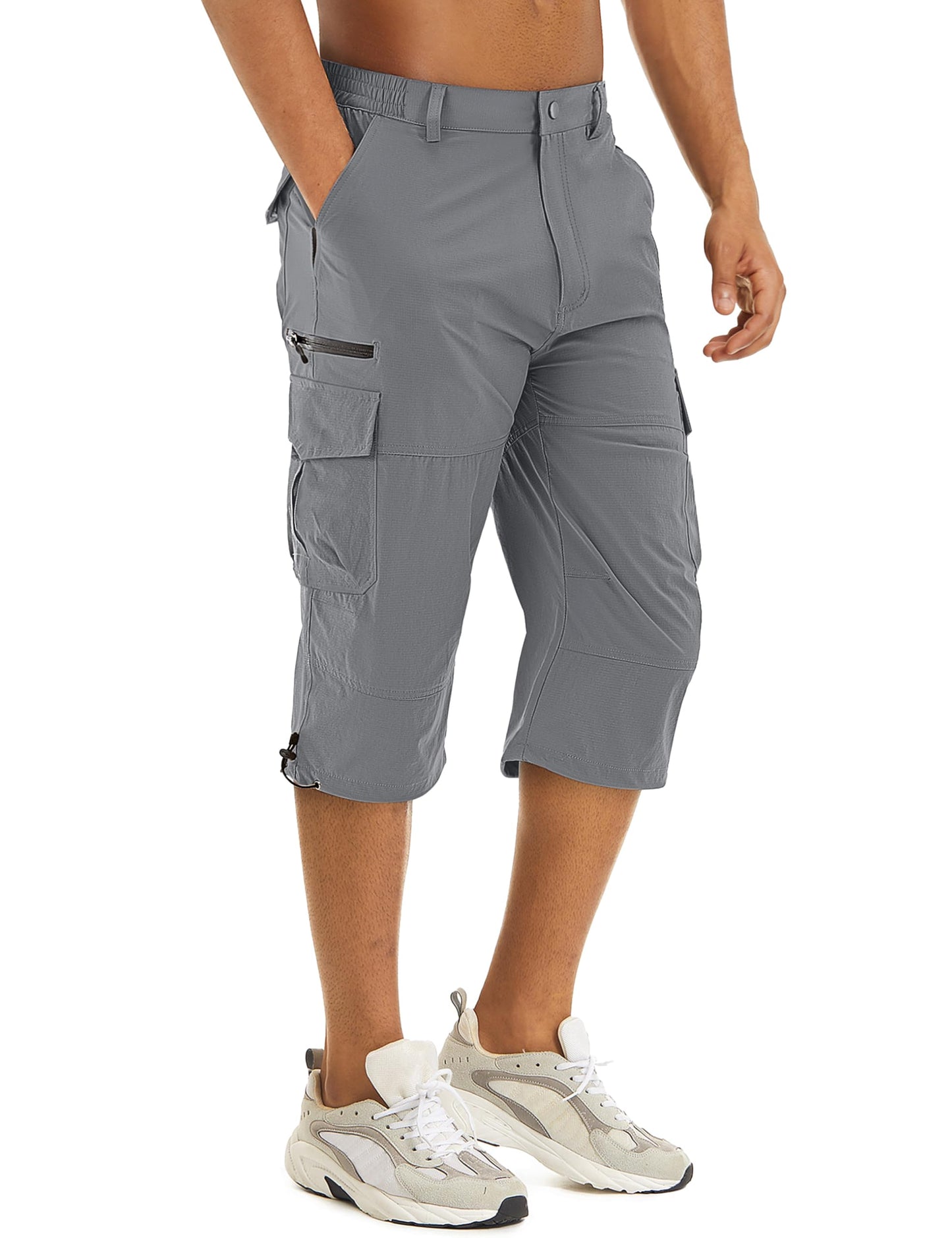 TACVASEN Mens Long Shorts Quick Dry Cargo Hiking Stretch Capri Pants Elastic Waist 3/4 Shorts Casual Below Knee Travel Bike Golf Light Grey