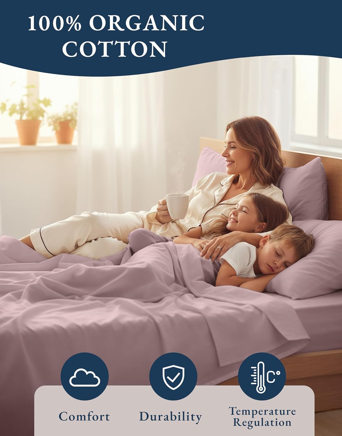 LANE LINEN 100% Organic Cotton King Size Bed Sheets - Luxury Hotel Percale, Oeko-Tex Certified, Soft & Comfy, Available in Lilac