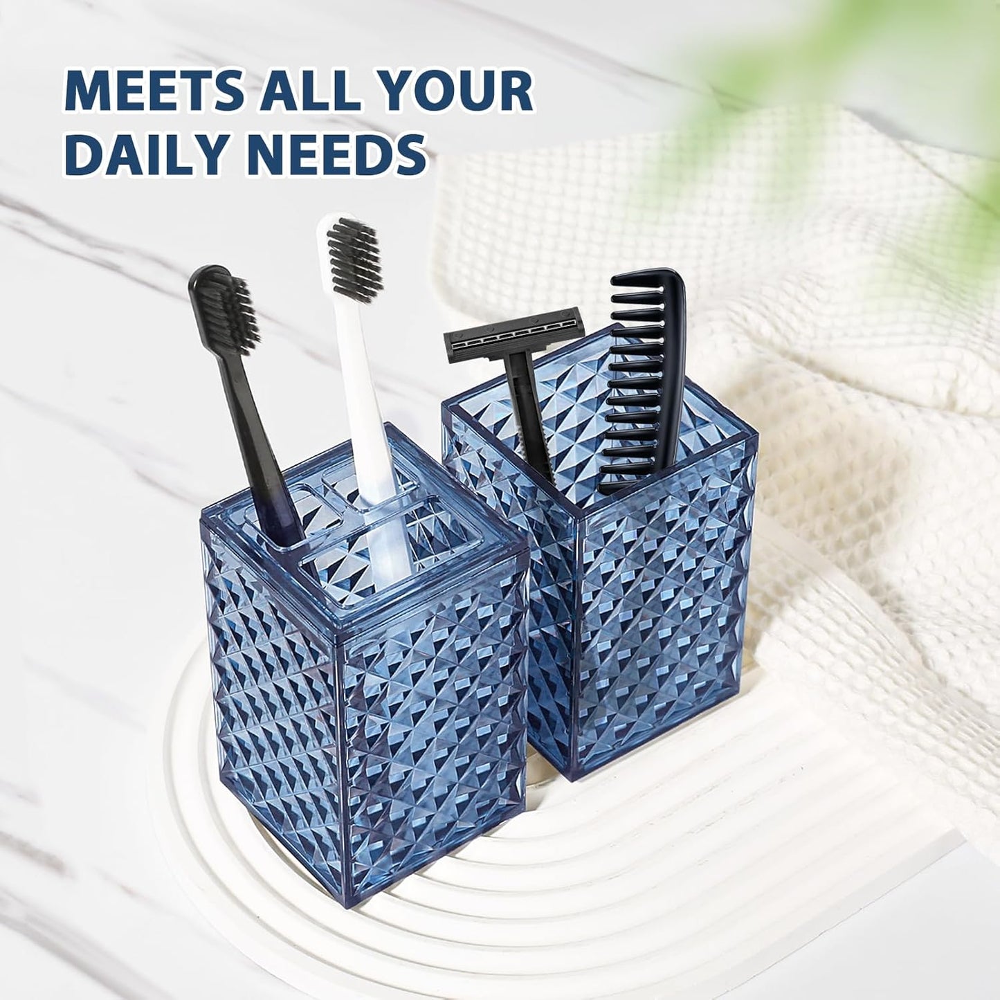 RYTOXILO Bathroom Accessories Set - 4 Pack Blue Acrylic Bath Essentials | Diamond Soap Dispenser & Toothbrush Holder