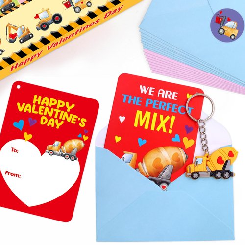 Fancy Land Construction Valentines Cards with keychains 30 Pack Classroom Kids Valentine's Day Cards with Keychains Exchange Gift Set Boys Girls Goody Bag Favors Truck Tractor