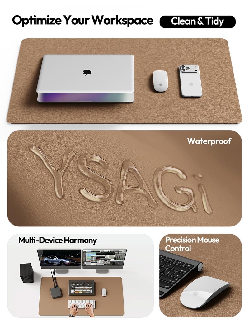 YSAGi Leather Desk Protector, Office Mat, Large Mouse Mat, Non-Slip PU Leather Blotter, Laptop Desk Mat, Waterproof Writing Pad for Office and Home (Khaki, 31.5" x 15.8")